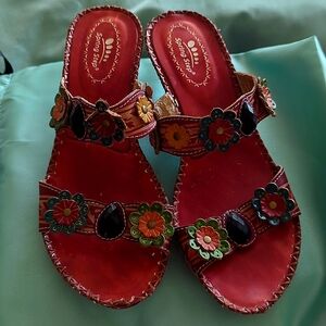 Spring Step Red Leather Jewel & Floral Sandals With Stacked Heel Size 10
